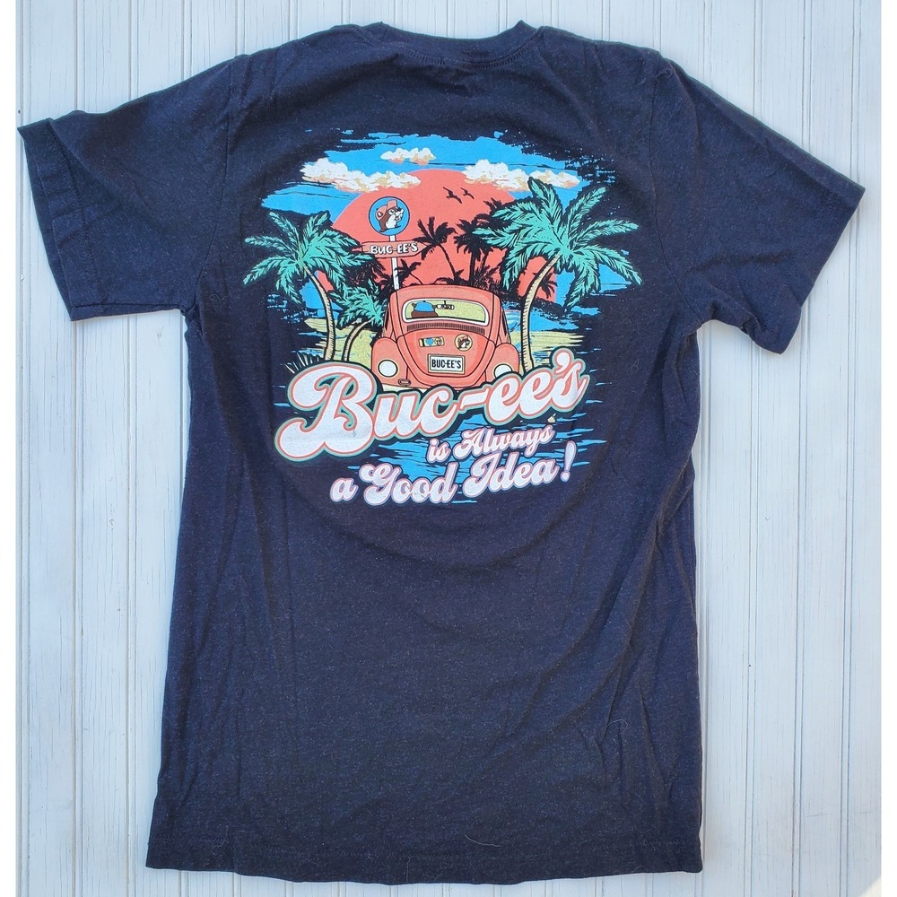 Buc-ee's T-Shirt Heathered Black Beaver Palm Trees Sunset Beach Always Good Idea